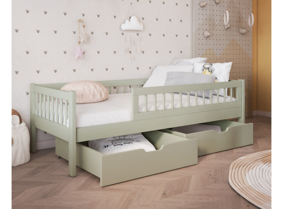 Detská posteľ z masívu borovice FLORES so šuplíkmi - 180x80 cm - olivovo zelená