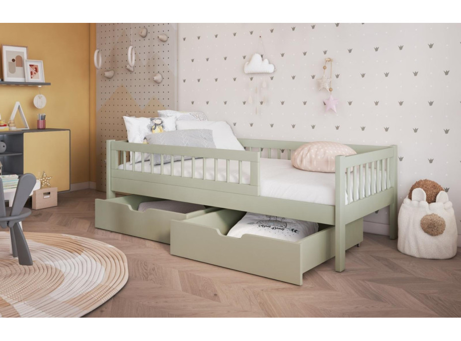 Detská posteľ z masívu borovice FLORES so šuplíkmi - 180x80 cm - olivovo zelená
