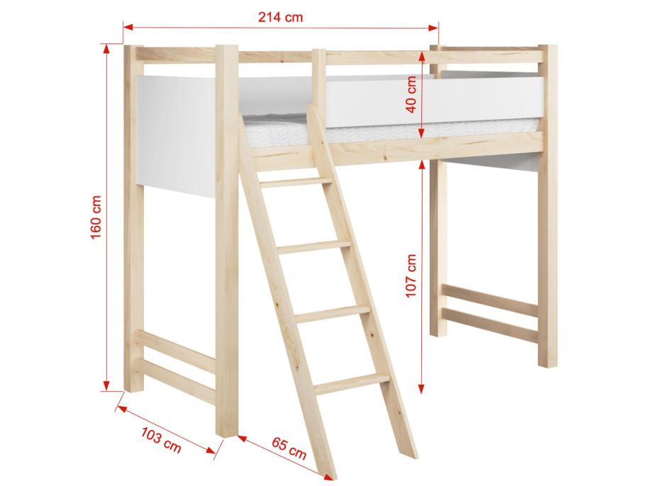 Detská vyvýšená posteľ z masívu borovice VESPER - 200x90 cm - prírodná borovica/biela