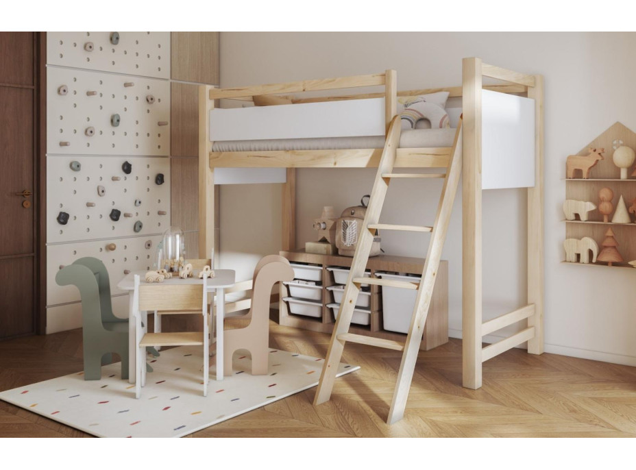 Detská vyvýšená posteľ z masívu borovice VESPER - 200x90 cm - prírodná borovica/biela