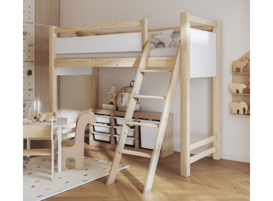 Detská vyvýšená posteľ z masívu borovice VESPER - 200x90 cm - prírodná borovica/biela