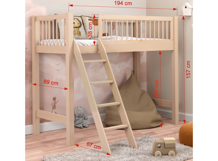 Detská vyvýšená posteľ z masívu borovice EVI - 180x80 cm - biela