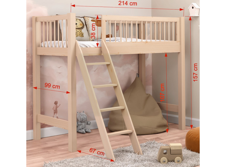 Detská vyvýšená posteľ z masívu borovice EVI - 200x90 cm - biela