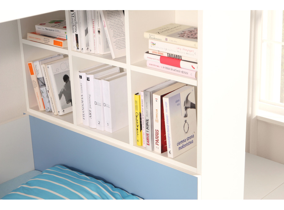 Detská poschodová posteľ z masívu borovice GASPAR so šuplíkmi a regálom - 180x80 cm - biela/dub shetland