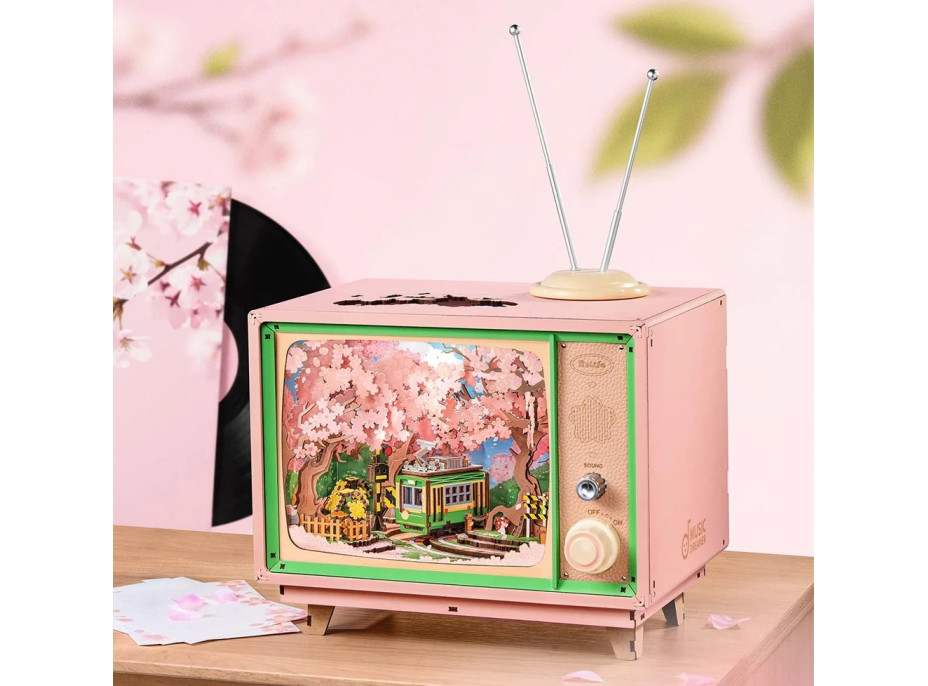 RoboTime 3D drevená skladačka hracej skrinky Prechádzka v sakurovom lese