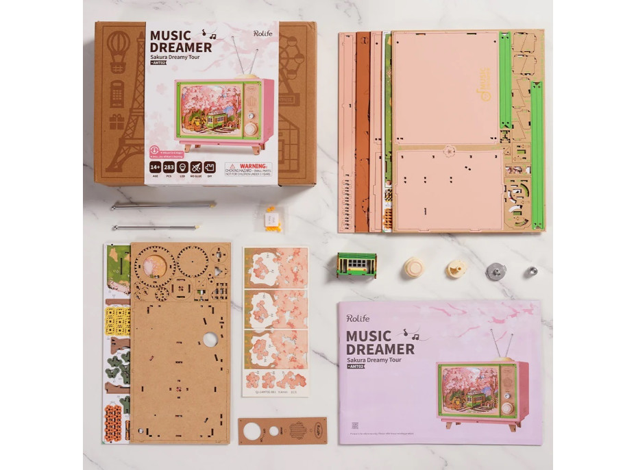 RoboTime 3D drevená skladačka hracej skrinky Prechádzka v sakurovom lese