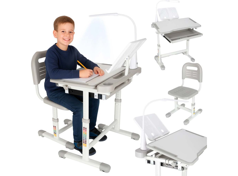Detský nastaviteľný písací stôl so zásuvkou, stoličkou a LED lampou - šedý