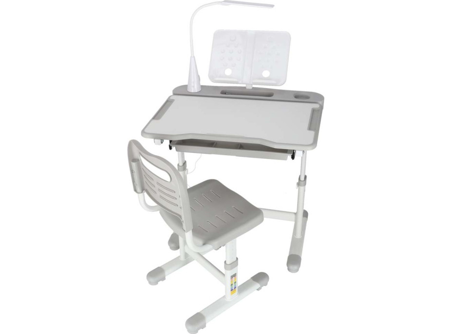Detský nastaviteľný písací stôl so zásuvkou, stoličkou a LED lampou - šedý
