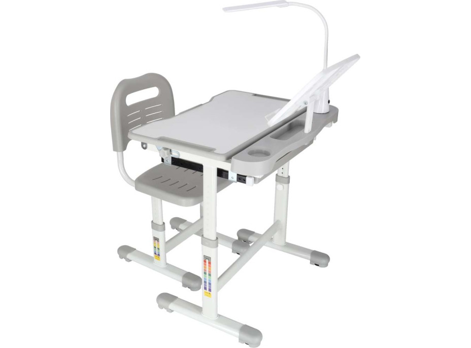 Detský nastaviteľný písací stôl so zásuvkou, stoličkou a LED lampou - šedý