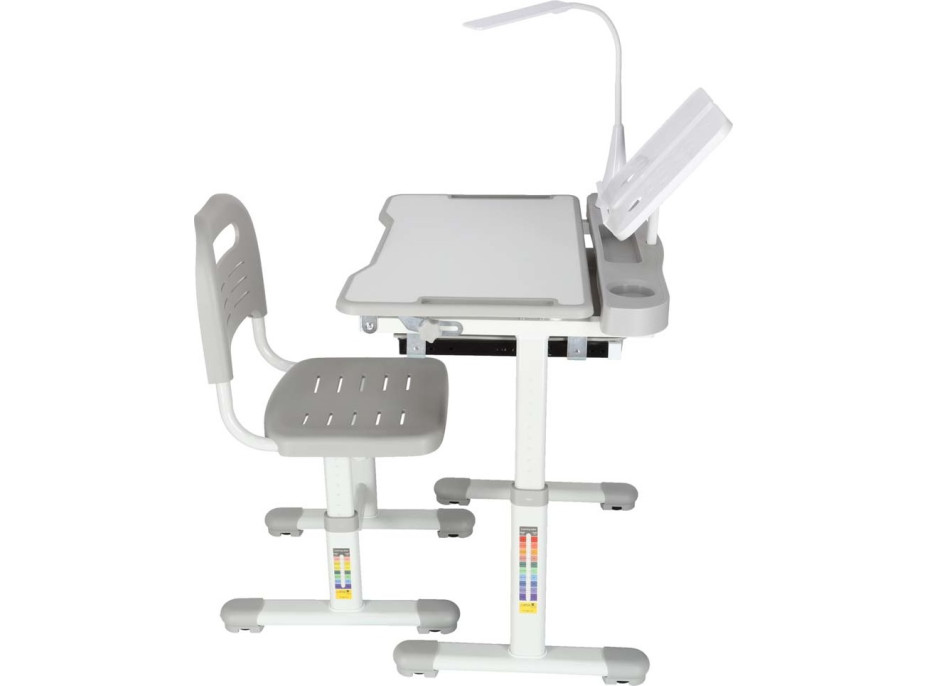 Detský nastaviteľný písací stôl so zásuvkou, stoličkou a LED lampou - šedý