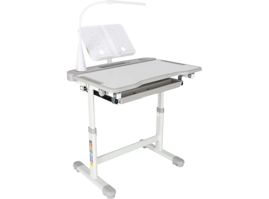 Detský nastaviteľný písací stôl so zásuvkou, stoličkou a LED lampou - šedý