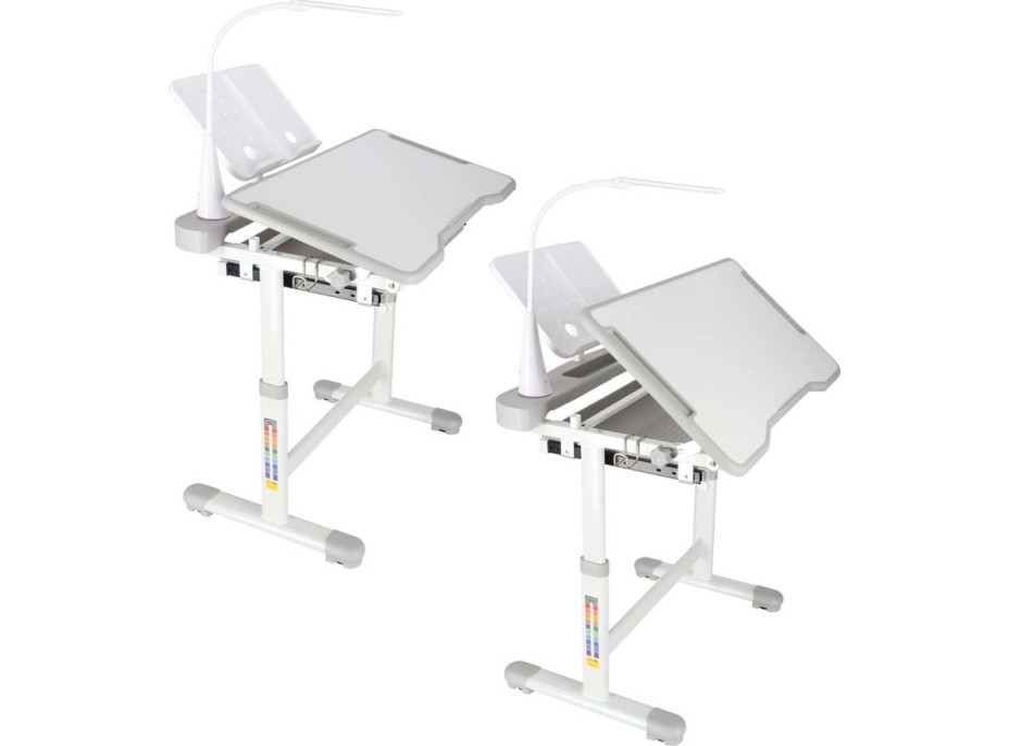 Detský nastaviteľný písací stôl so zásuvkou, stoličkou a LED lampou - šedý