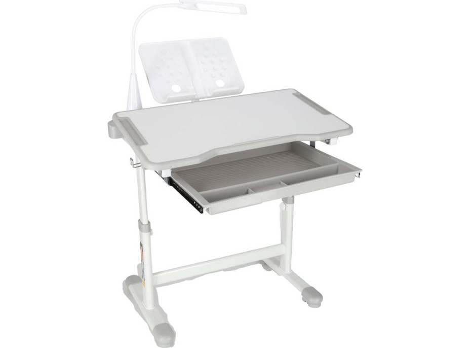 Detský nastaviteľný písací stôl so zásuvkou, stoličkou a LED lampou - šedý