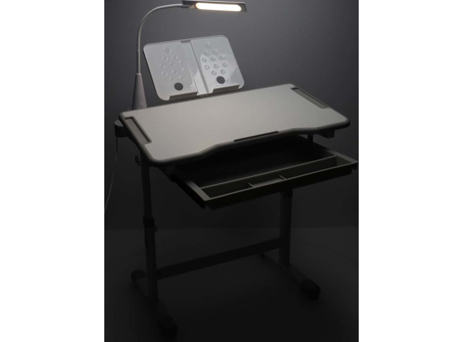 Detský nastaviteľný písací stôl so zásuvkou, stoličkou a LED lampou - šedý