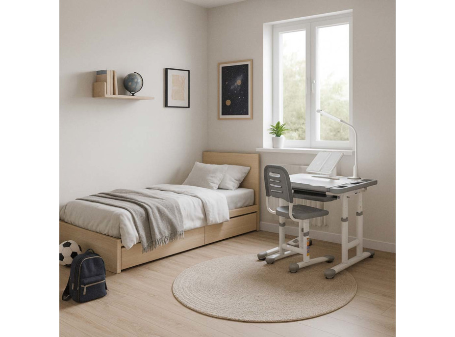 Detský nastaviteľný písací stôl so zásuvkou, stoličkou a LED lampou - šedý