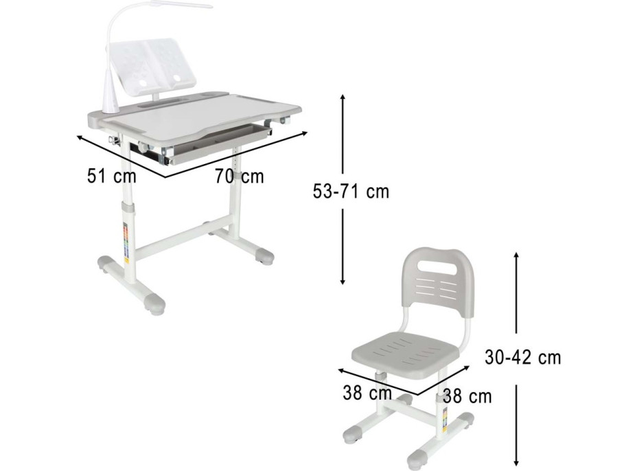 Detský nastaviteľný písací stôl so zásuvkou, stoličkou a LED lampou - šedý