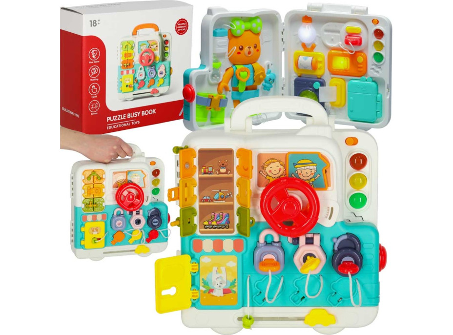 Zmyslový manipulačný Montessori kufrík so svetlom a zvukmi - Macko