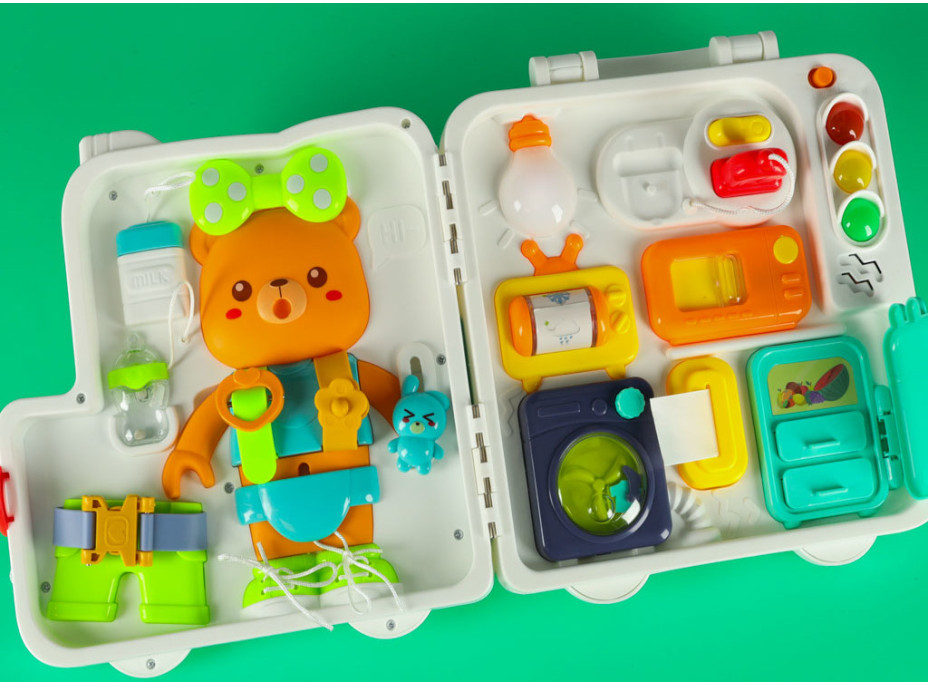 Zmyslový manipulačný Montessori kufrík so svetlom a zvukmi - Macko