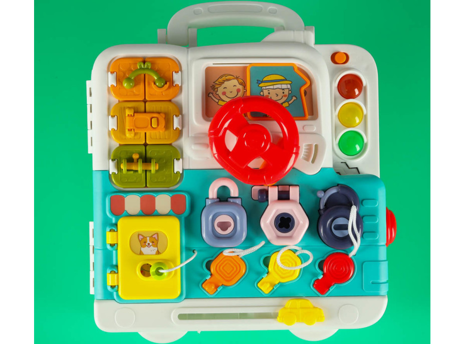 Zmyslový manipulačný Montessori kufrík so svetlom a zvukmi - Macko