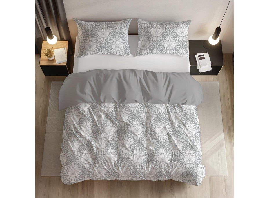 Bavlnené obliečky GUSTO Kvety - biele / šedé - 220x200 cm