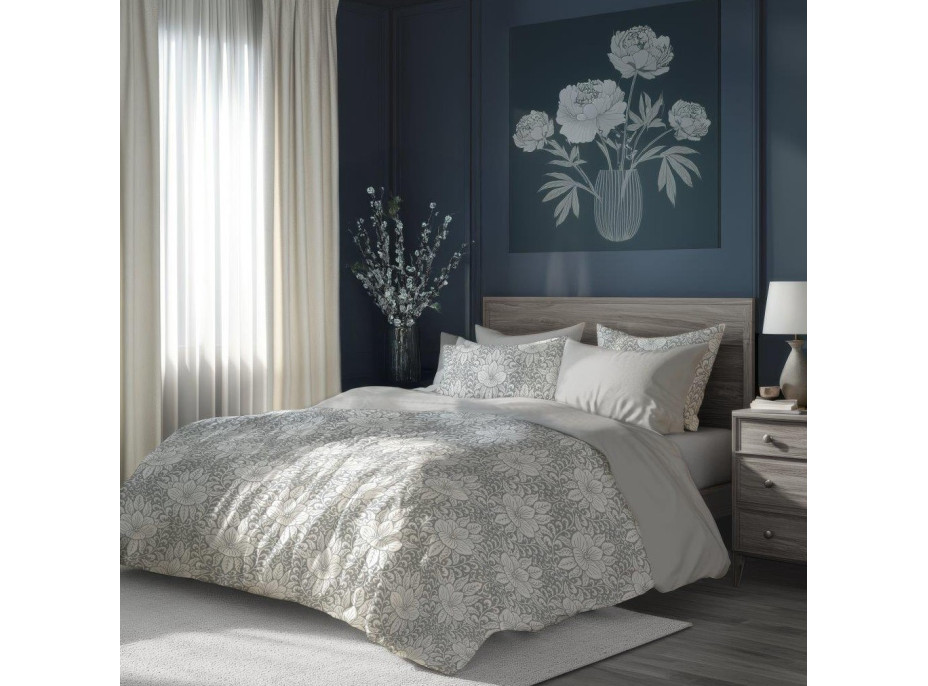 Bavlnené obliečky GUSTO Kvety - biele / šedé - 220x200 cm