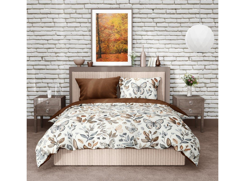 Bavlnené obliečky GUSTO Listy a motýliky - krémové/hnedé - 160x200 cm