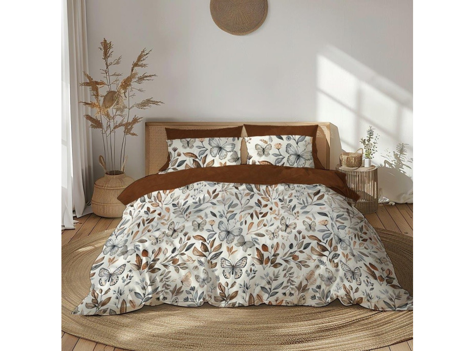 Bavlnené obliečky GUSTO Listy a motýliky - krémové/hnedé - 160x200 cm