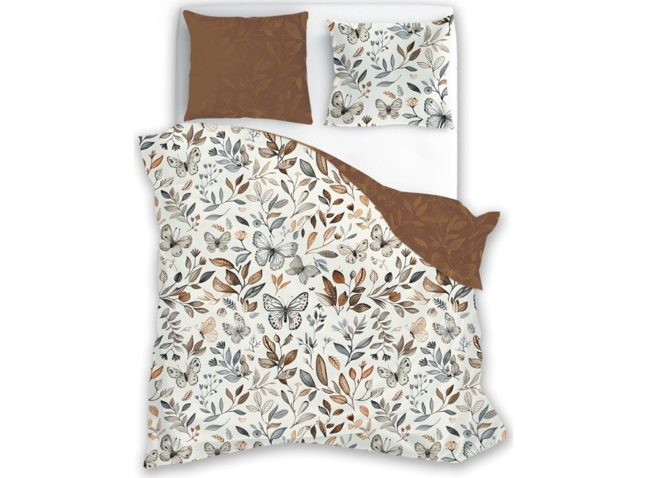 Bavlnené obliečky GUSTO Listy a motýliky - krémové/hnedé - 140x200 cm
