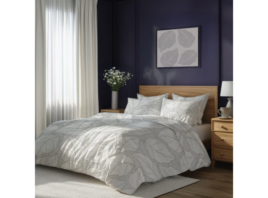 Bavlnené obliečky GUSTO Listy - šedé / biele - 220x200 cm