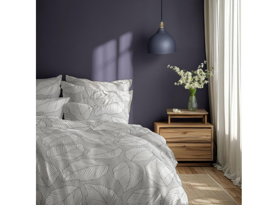 Bavlnené obliečky GUSTO Listy - šedé / biele - 160x200 cm