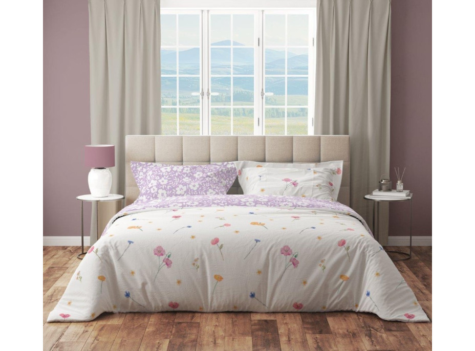 Bavlnené obliečky GUSTO Lúčne kvety - biele / fialové - 160x200 cm