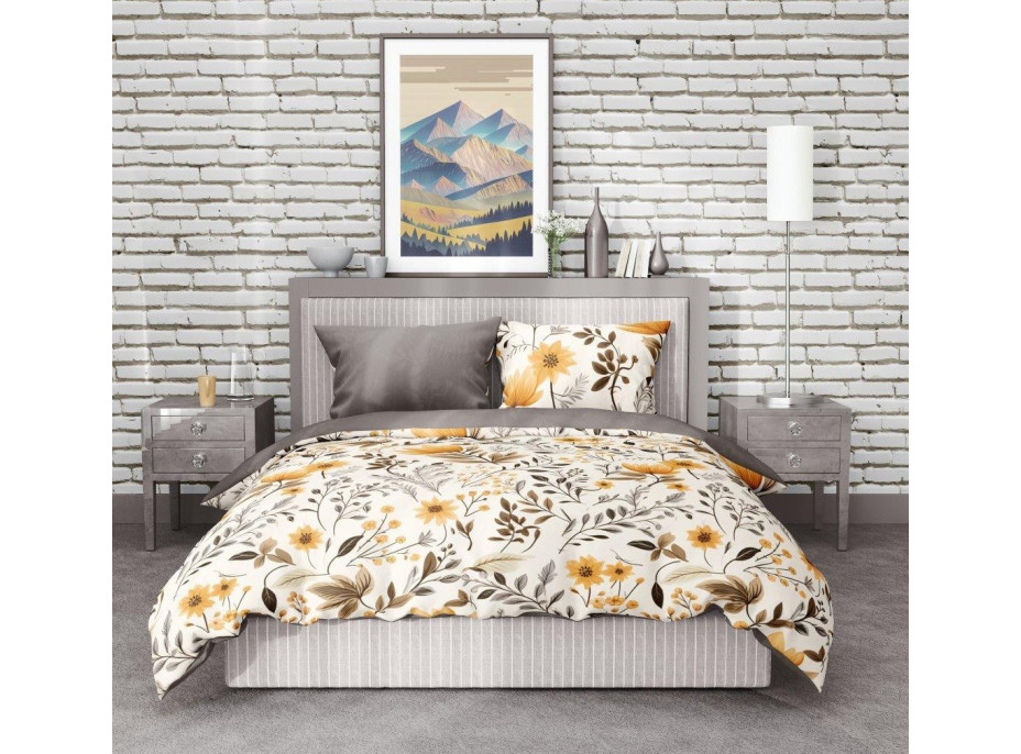 Bavlnené obliečky GUSTO Oranžové kvety - krémové/mokka - 220x200 cm