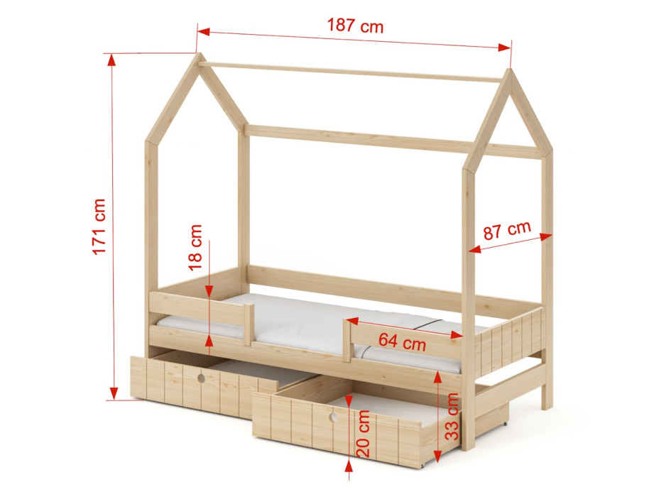 Detská domčeková posteľ z masívu borovice NAOMI so šuplíkmi - 180x80 cm - biela