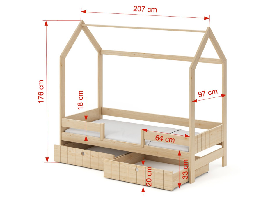 Detská domčeková posteľ z masívu borovice NAOMI so šuplíkmi - 200x90 cm - prírodná borovica