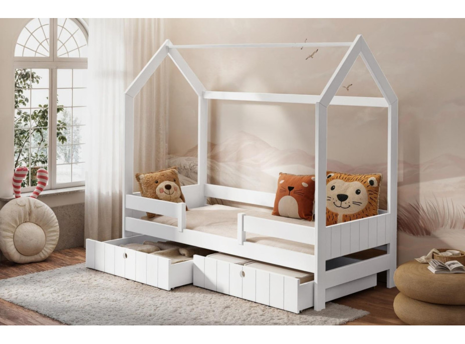 Detská domčeková posteľ z masívu borovice NAOMI so šuplíkmi - 200x90 cm - biela