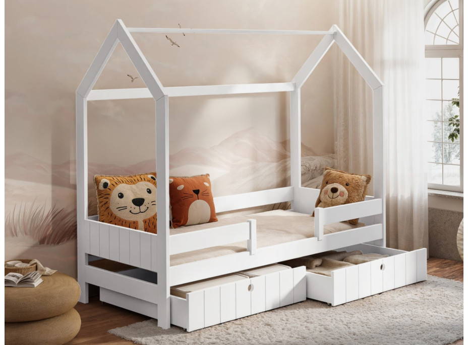Detská domčeková posteľ z masívu borovice NAOMI so šuplíkmi - 200x90 cm - biela
