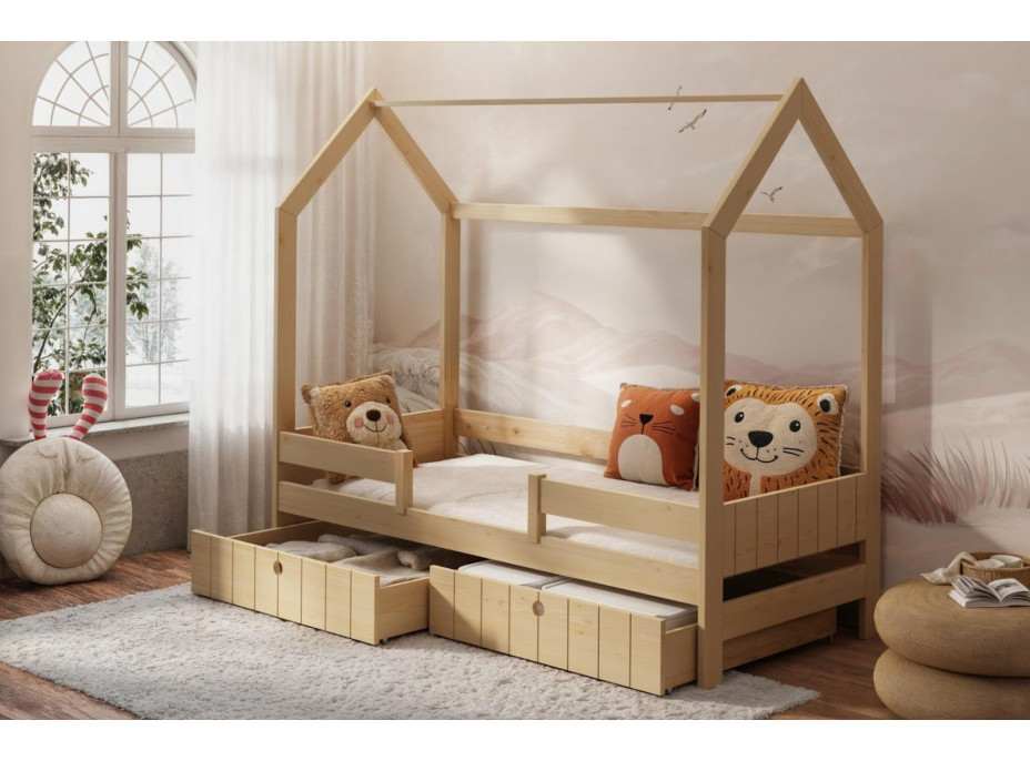 Detská domčeková posteľ z masívu borovice NAOMI so šuplíkmi - 180x80 cm - prírodná borovica