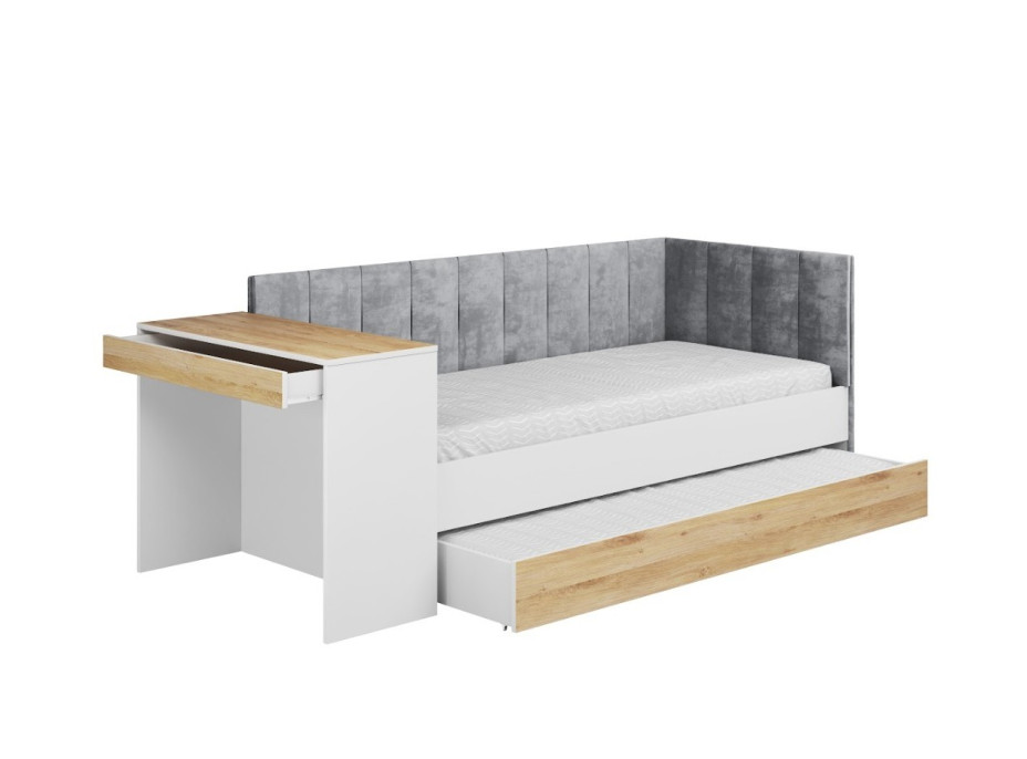 Detská posteľ s prístelkou a písacím stolom FREYA - 180x80 cm - biela/sivá/dub sonoma