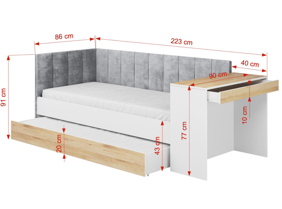 Detská posteľ s prístelkou a písacím stolom FREYA - 180x80 cm - biela/sivá/dub sonoma