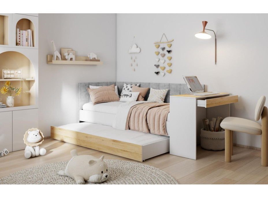 Detská posteľ s prístelkou a písacím stolom FREYA - 180x80 cm - biela/sivá/dub sonoma