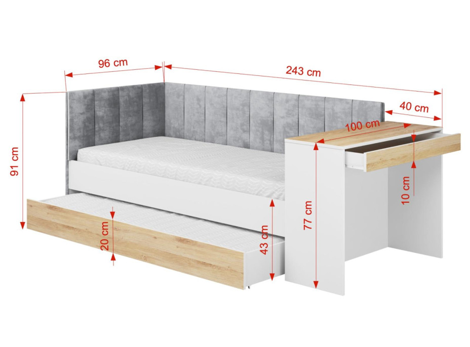 Detská posteľ s prístelkou a písacím stolom FREYA - 200x90 cm - biela/sivá/dub sonoma