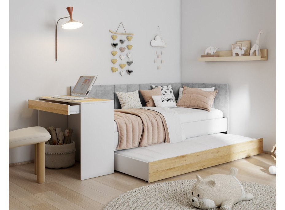 Detská posteľ s prístelkou a písacím stolom FREYA - 200x90 cm - biela/sivá/dub sonoma