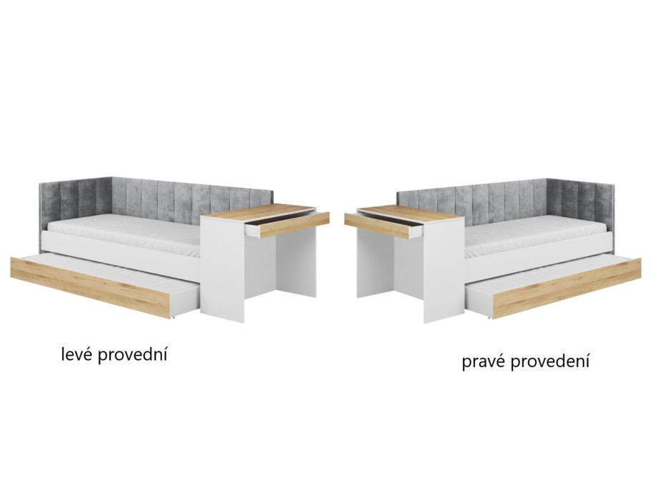 Detská posteľ s prístelkou a písacím stolom FREYA - 180x80 cm - biela/sivá/dub sonoma