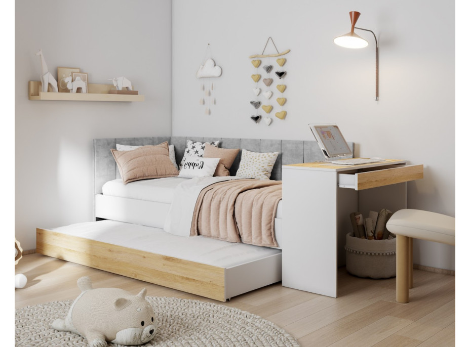 Detská posteľ s prístelkou a písacím stolom FREYA - 200x90 cm - biela/sivá/dub sonoma