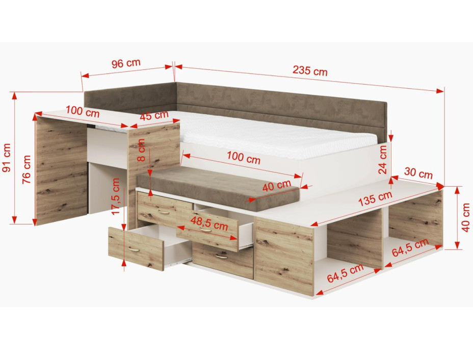 Detská posteľ s písacím stolom a úložnými priestormi AMIRA - 200x90 cm - kašmírová/hnedá/dub artisan