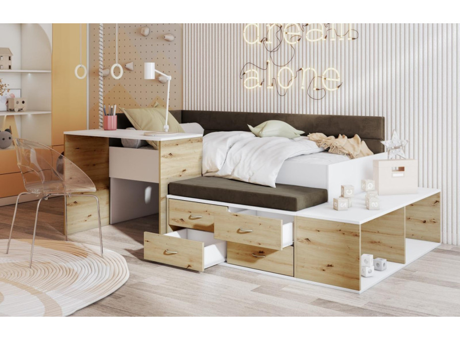 Detská posteľ s písacím stolom a úložnými priestormi AMIRA - 180x80 cm - biela/hnedá/dub artisan
