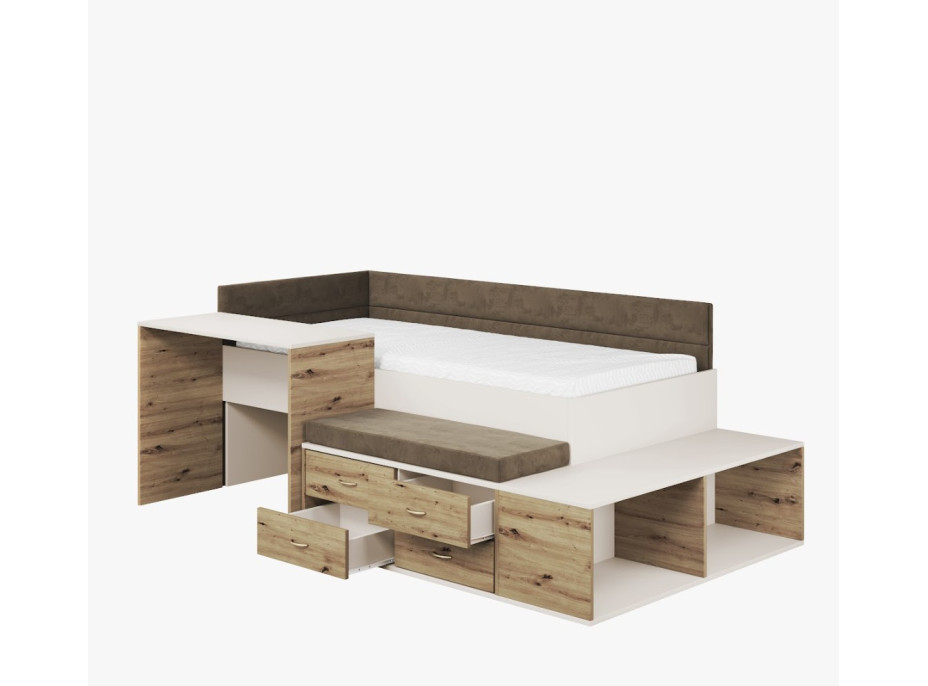 Detská posteľ s písacím stolom a úložnými priestormi AMIRA - 180x80 cm - biela/hnedá/dub artisan