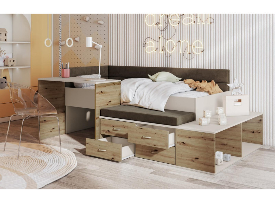 Detská posteľ s písacím stolom a úložnými priestormi AMIRA - 200x90 cm - kašmírová/hnedá/dub artisan