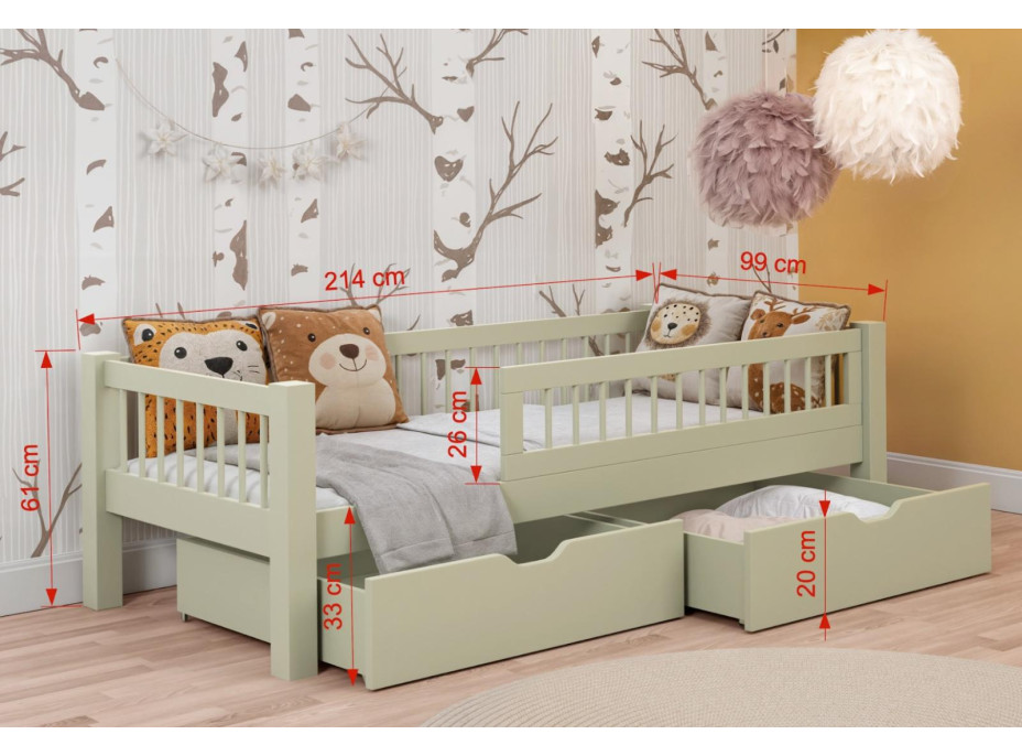 Detská posteľ z masívu borovice ADEL so šuplíkmi - 200x90 cm - olivovo zelená