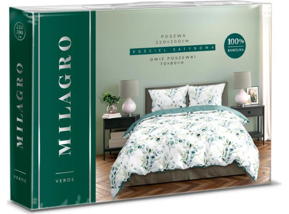 Saténové obliečky MILAGRO VERDE Vetvičky - biele / zelené - 220x200 cm